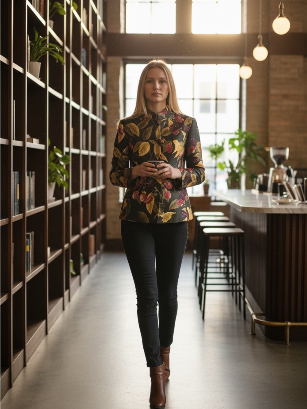 Floral Jacquard Stand-Collar Women's Top in Fall colors Linda Allard Ellen Tracy